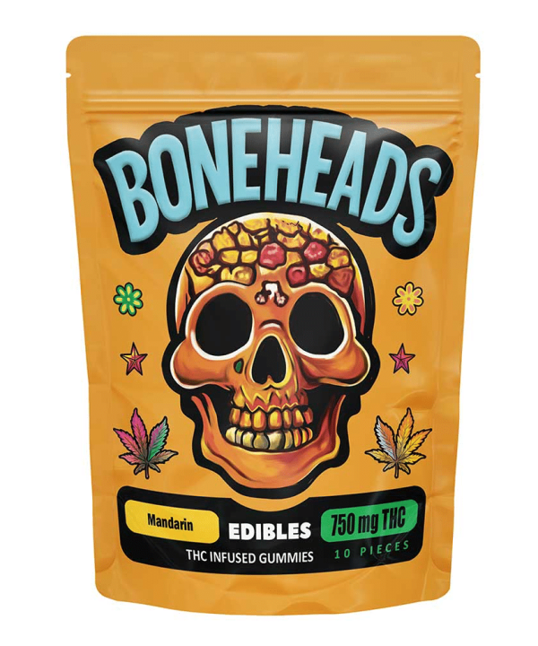 Boneheads Mandarin Premium THC Gummies in Winchester 750 mg packaging, featuring bright orange-coloured gummy cubes.