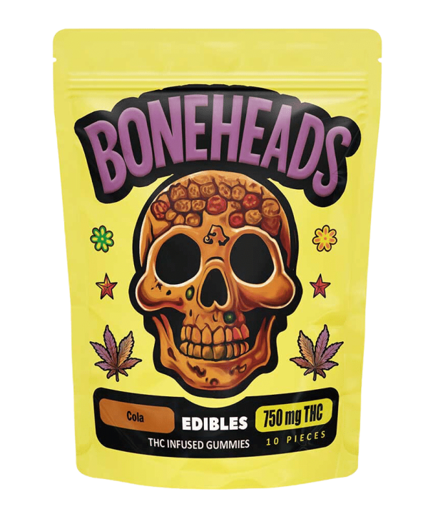 Boneheads Coca Cola Gummy 750mg packaging featuring sugar-dusted gummy cola bottles.